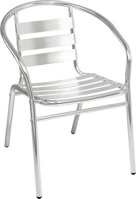 A silver metal chair with a slatted seat and back, shown against a white background.