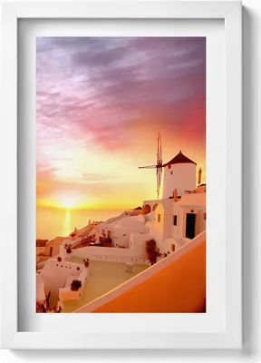 Produktbild von Santorin mit einer alten Windmühle– Wandbild mit Rahmen – Gerahmtes Bild  – Wanddekoration – 20x30 cm – Weiß