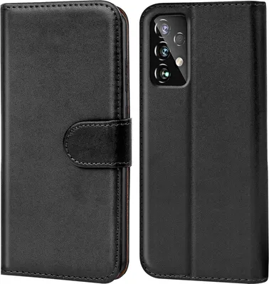 A black flip case for a Samsung Galaxy A33 5G phone is shown from the front and back.