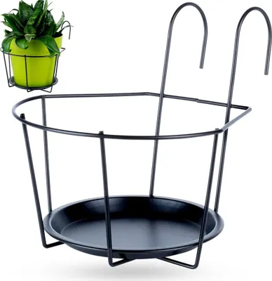 A black metal hanging planter basket with hooks, shown against a white background. A small inset image shows a green potted plant in a similar basket.