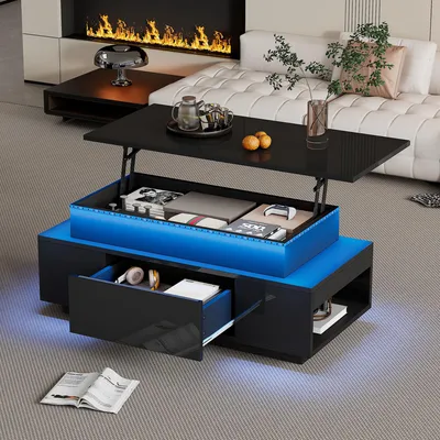 Immagine prodotto di Tavolino Merax regolabile in altezza, tavolo da salotto lucido con LED, spazio di archiviazione e cassetto, per ufficio, feste, studio, nero