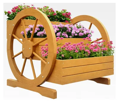 Produktbild von Hochbeet aus Holz, Blumenkasten mit 3 Ebenen, Gemüsebeet mit Wagenrad-Dekor, Kräuterbeet mit Entwässerungslöchern für Garten und Balkon, 61 x 62 x 57 cm