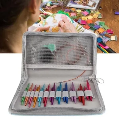 Produktbild von Omgoods - Stricknadel-Set 24 austauschbare Rundstricknadeln - Aluminium/Edelstahl - Aufbewahrungstasche - Haushalt - Socken/Pullover - Verschiedene Größen 3-8 mm - Stricknadel-Set