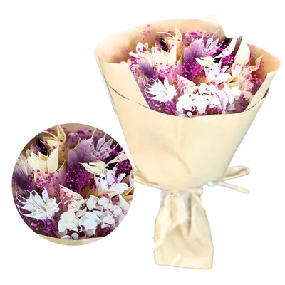 Immagine prodotto di Bouquet di fiori secchi - Accenti viola e oro - Elegante composizione con Gypsophila, Nigella e Ortensia | Decorazione e idea regalo fiori secchi
