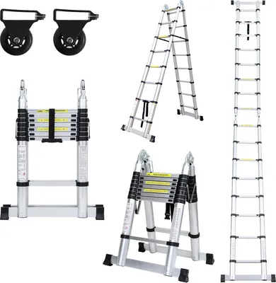 Produktbild von Yakimz Teleskopleiter Ausziehleiter Klappleiter Stabil Aluminium Stehleiter 2,5m+2,5m Silber ohne haken Mit Stabilisator Mit Rädern