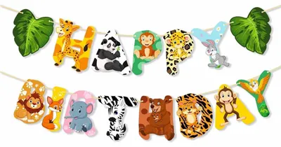 Image de Guirlande d'anniversaire sur le thème de la jungle et du safari, bannière "Joyeux anniversaire", ensemble de décoration pour enfants