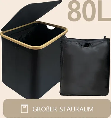 Obrázek produktu pro WAOHO skládací koš na prádlo s víkem 80L odnímatelná taška na prádlo, skládací bambusový třídič prádla a voděodolná oxfordská utěrka (černá)