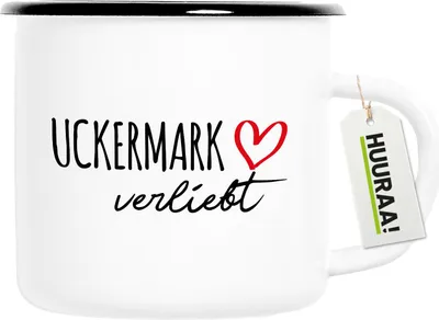 Produktbild von Huuraa Emaille Tasse Uckermark verliebt 300ml Vintage Campingbecher Geschenkidee