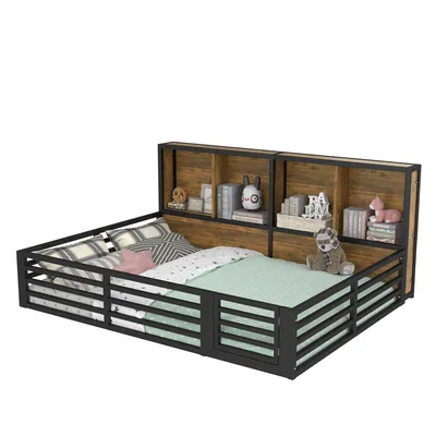 Produktbild von Kinderbett mit LED-Beleuchtung, Lattenrost und Zaun, 140x200 cm, Rausfallschutz, Stauraum, Metallbett