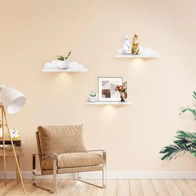Produktbild von Zwevende Plank Set von 3 Wandplanken hängend kreativ für Schlafzimmer Wohnzimmer Küche und Flur Wolken kleine Größe Wolken 45 cm Kunststoff weiß-L.
