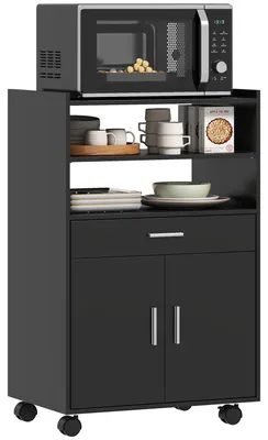 Produktbild von Mikrowellenschrank aus Holz mit Schublade, 2-tš¹rigem Schrank und 2 Einlegeb?den, 59 x 40 x 92 cm, schwarz
