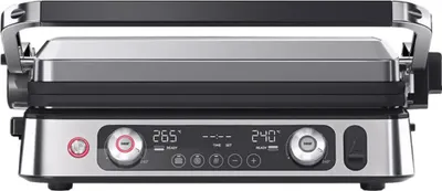 A close-up, front-facing view of a modern electric grill.