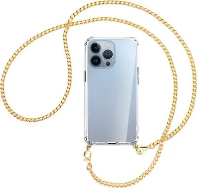 Produktbild von Handykette Backcover-Schutzhülle mit Band (Metall goldfarben) für Apple iPhone 13 Pro - goldfarbene Kette