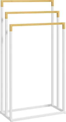 Image de Fortuna Lai Porte-serviettes sur pied, porte-serviettes avec 3 barres Porte-serviettes de bain pour salle de bain Acier Bambou Blanc