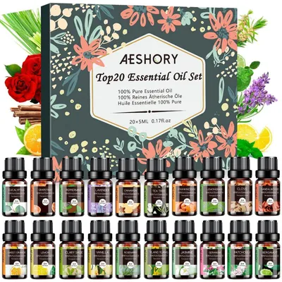 Zdjęcie produktu dla Zestaw olejków eterycznych, 20 x 5 ml, czyste, naturalne, do dyfuzorów, aromaterapii, olejki zapachowe