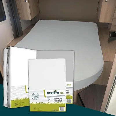 Produktbild von Dexitex Spannbettlaken Queensbett Wohnmobil & Wohnwagen 3er Set – 2 Spannbettlaken + 1 Molton – Baumwolle Multi-Stretch – Weiß/Hellgrau