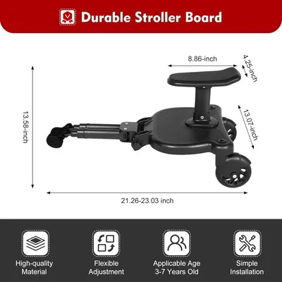 Immagine prodotto di Passeggino con pedana accessoria 2-in-1 - Pedana con sedile removibile - Regolabile in lunghezza e altezza - Adatto fino a 25 kg - Per bambini dai 3 ai 7 anni - Universale - Colore: nero