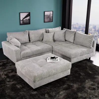 Produktbild von riess-ambiente Ecksofa KENT 220cm hellgrau Cord Couch inklusive Hocker L-Form Wohnzimmer Wohnlandschaft Eckcouch Couch Sofa