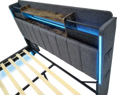 Produktbild von okwish Polsterbett Doppelbett 160 x 200 cm mit USB-Ladeanschluss und LED-Beleuchtung, Funktionelles Stauraumbett mit Kopfteil mit Stauraum und Handytasche(Ohne Matratze)- Grau