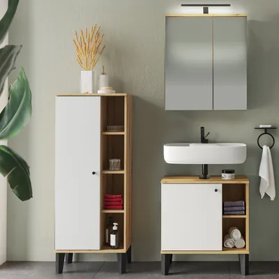 Produktbild von Badmöbel-Set 3-teilig mit Waschbeckenunterschrank 60 cm, LED-Spiegelschrank, in Eiche mit weiß OLEAN-61