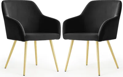 Produktbild von 2er Set Glatte Velours Esszimmerstühle ESTELLE Schwarz mit goldenen Beinen