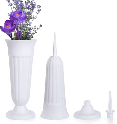 Produktbild von 2 StückeGrabvase mit Erdspieß und Sockel, 33 x 11 cm Friedhofsvase Kunststoff, Grabvasen Frostsicher als Grabschmuck, Blumenvase Friedhof für Gräber Garden, Weiß