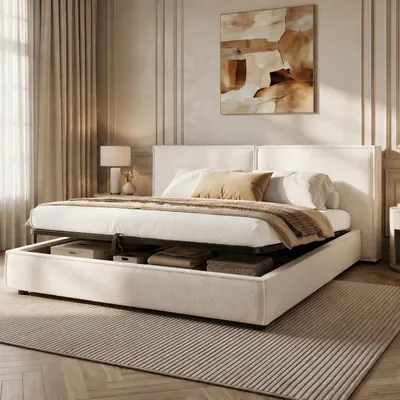 Produktbild von MODFU Polsterbett 180x200 mit Matratze,Doppelbett mit hydraulischem Stauraum,Bouclé-Bezug,Jugendbett mit 12 cm gepolstertes Kopfteil und Lattenrost,Weiß, KI-generiertes Bild