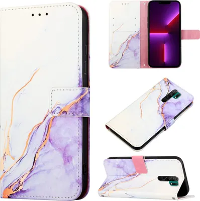 Produktbild von Redmi 9 Hülle, Marmor Motiv Kunstleder Tasche Wallet Kartenfächer mit Standfunktion Klapp Schutzhülle für Xiaomi Redmi 9 / Poco M2 Weiß Lila