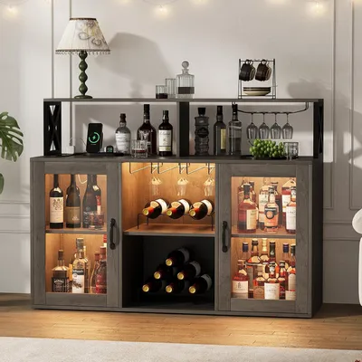 Zdjęcie produktu dla Szafka barowa stojakiem na wino i uchwytem na kieliszki, lodówka na wino z oświetleniem LED, stojak na butelki na wino, stojak na butelki do