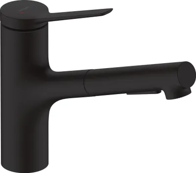 A black kitchen faucet with a pull-out spray head.