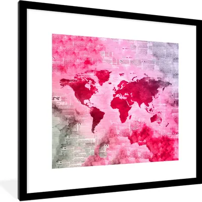 Produktbild von MuchoWow® MuchoWow® Gerahmtes Poster Weltkarte - Zeitungen - Rosa 40x40 cm - Poster mit zchwarzem Bilderrahmen - Poster - Plakat im Rahmen