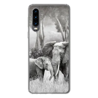 Produktbild von MuchoWow® Handyhülle Schutzhülle Hülle für Huawei P30 Elefant - Tiere - Natur - Schwarz und weiß Silikon Softcase Handy Hülle - Kartenbesitzer