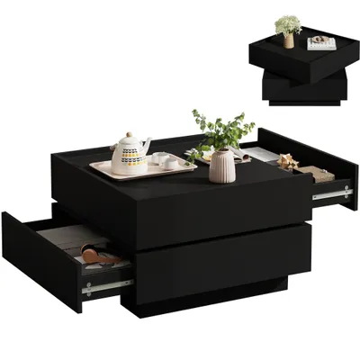 Produktbild von Couchtisch Sofatisch, 360° Drehbare Ober-Tischplatte, 2 Grifflosen Schubladen, Erhöhte Seitenböden rund um Arbeitsplatte; Ohne Füße zum Stabilität