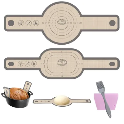 Produktbild von Brotbackmatte, Silikon-Backmatte für Bratpfannen, antihaftbeschichtet, 2-teilig, leicht zu reinigen, wiederverwendbare Silikon-Backmatte mit langen Griffen, Teigmatte mit Teigschneider und Backpinsel