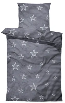 Produktbild von 4 teilige Bettwäsche 135x200 cm Sterne Streifen grau anthrazit Mikrofaser