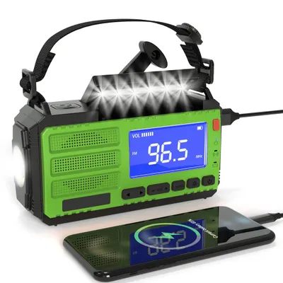 Immagine prodotto di Radio solare di emergenza FM/AM a manovella generazione di energia batterie 10000mAh torcia di alimentazione mobile allarme SOS di emergenza verde