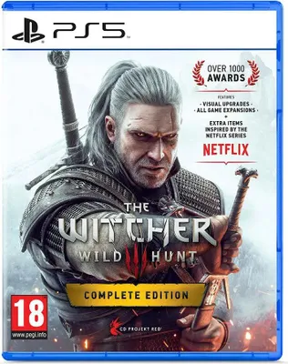 The cover art for The Witcher 3: Wild Hunt - Complete Edition for PlayStation 5, featuring the character Geralt of Rivia.
