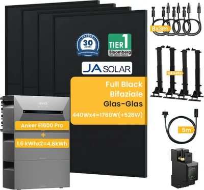 Produktbild von Balkonkraftwerk mit Speicher 4.8 kWh, Solarbank2 E1600Pro mit BP1600x2, JaSolar 1760W Bifaziale Solarmodule mit Smarten Zähler und 4 Sets Halterung