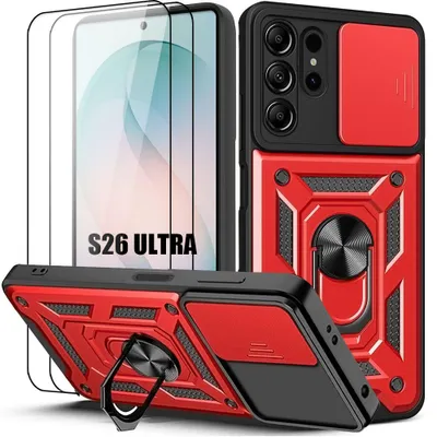 Image de Coque + 2 Verres Trempés pour Samsung Galaxy S26 Ultra, avec Anneau et Protection Caméra - Rouge