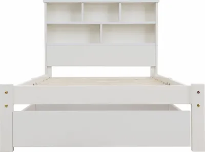 Produktbild von Flieks Massivholzbett Einzelbett 90x200cm Kinderbett mit Schublade und Lattenrost Holzbett mit Bücherregal Kopfteil, Jugendbett weiß ohne Matratze