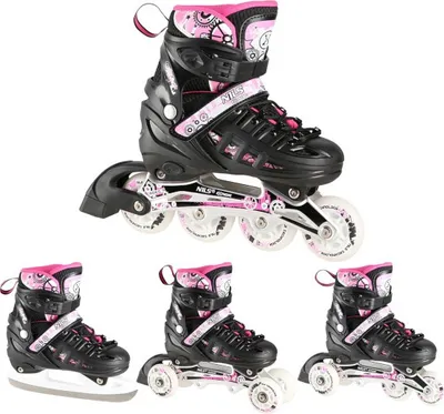 A collage of inline skates and ice skates, showing different configurations.