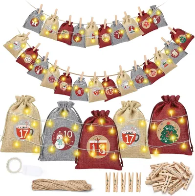 Produktbild von Adventskalender zum Befüllen - 24 Jutebeutel mit Verschlüssen - Lichterkette - Weihnachtskalender zum Befüllen