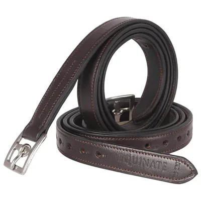 A brown leather stirrup strap is coiled on a white background.