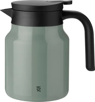 A studio shot of a khaki and black insulated carafe.