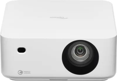 A white Optoma projector is shown from the front on a white background.