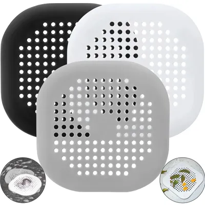 Produktbild von Abflusssieb aus Silikon - 3 Stück Set - Haarsieb für Dusche Badewanne und Waschbecken - 14 x 14 cm