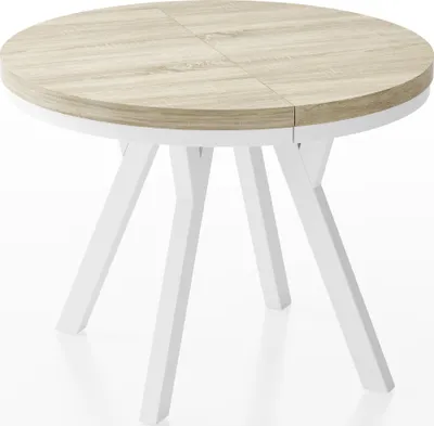 Obrázek produktu pro Designový kulatý rozkládací jídelní stůl - Loftový, industriální, prostorově úsporný - Bílé nohy - 90 až 170 cm - pro 4-8 osob - Vyrobeno v EU - Dub Sonoma - 170 cm