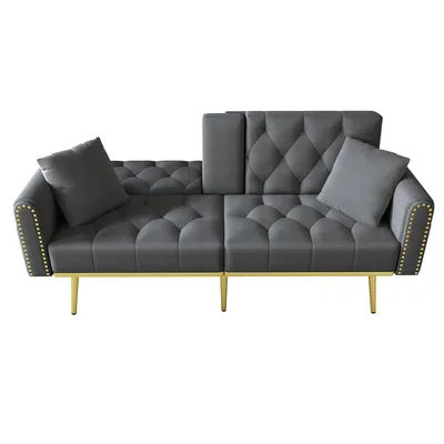 Produktbild von Merax 2 Sitzer Sofa, Couch mit Liegefunktion, 3 Neigungswinkel, Getränkehalter, Kissen, Schlafsofa, Loveseat, Loungesofa, Wohnzimmer, Samt, Grau