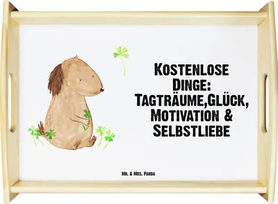 Produktbild von Mr. & Mrs. Panda sofatablett Hund Kleeblatt - Weiß - Geschenk, Gratis, Sprüche, Glück, Sofa Tablett, Servier, Liebe, Dekotablett, Küchentablett, Holztablett