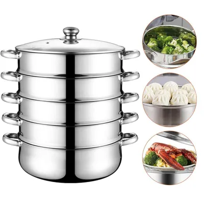 Produktbild von Edelstahldampfer 5 Etagen Dampfgarer Steamer Nudeln Dampfkocher Gardampftopf belüftetem Glasdeckel Dampfgarer Edelstahl Multifunktion Kochtopf 30CM